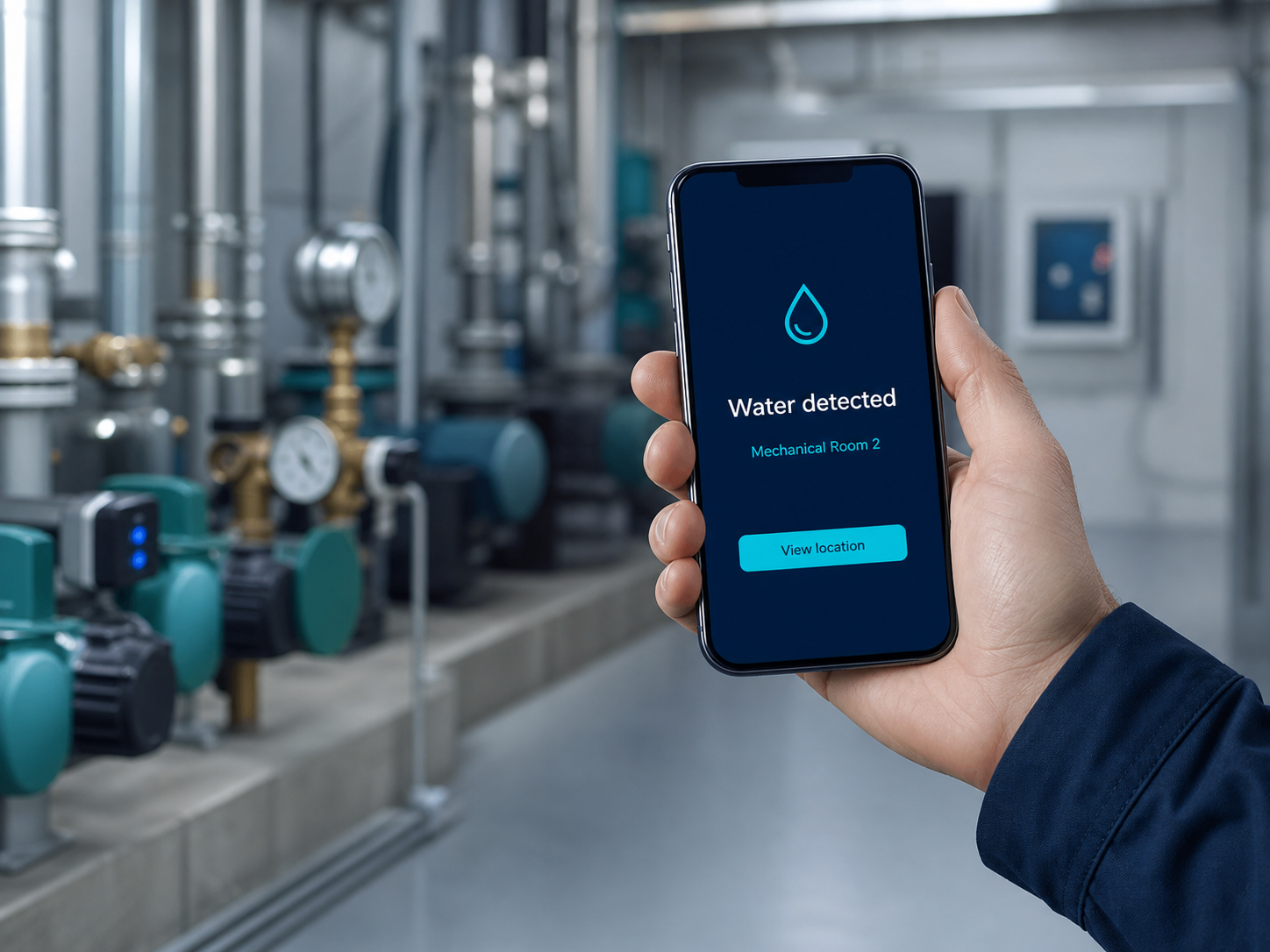A maintenance professional receiving a water-detection alert in a mechanical room