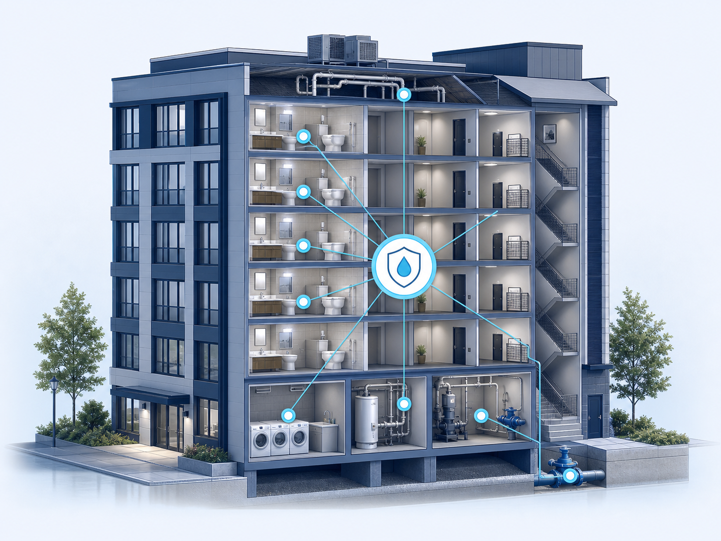 Cutaway illustration of water-risk monitoring locations throughout a commercial building